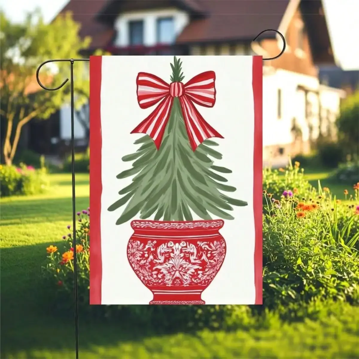 Preppy Chinoiserie Garden Flag Blue And White Porcelain Christmas Tree Winter Happy Holidays Xmas Merry Christmas Welcome Home House Outside Outdoor Indoor Small Banner Double Sided 12x18inch