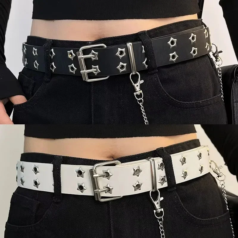 110cm Men Waist Belt Punk Rivet Leather Belts Women Y2K Star PU Black White Waist Strap Double Row Hollow for Jeans Skirt Decor