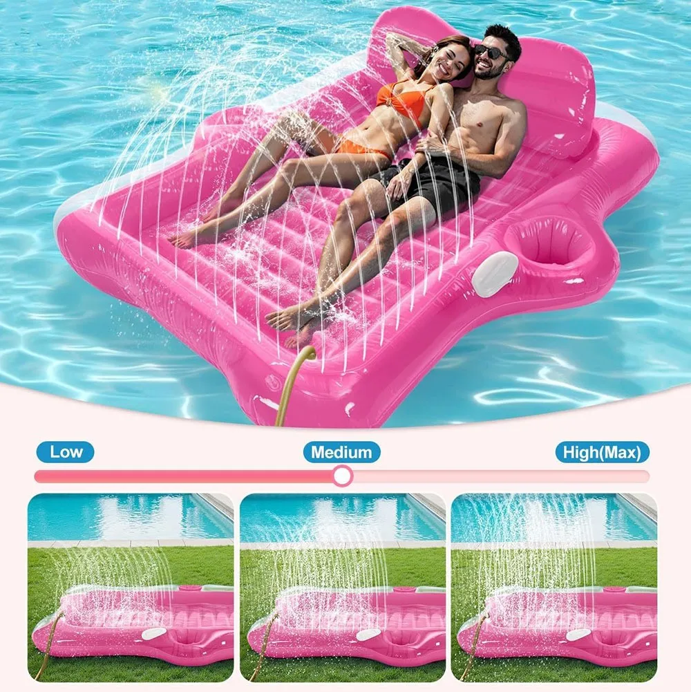 Inflatable Double Water Floating Bed Adult Pool Lounger Float with Cup Hole Spray Water Sun Tanning Floating Raft Outdoor
