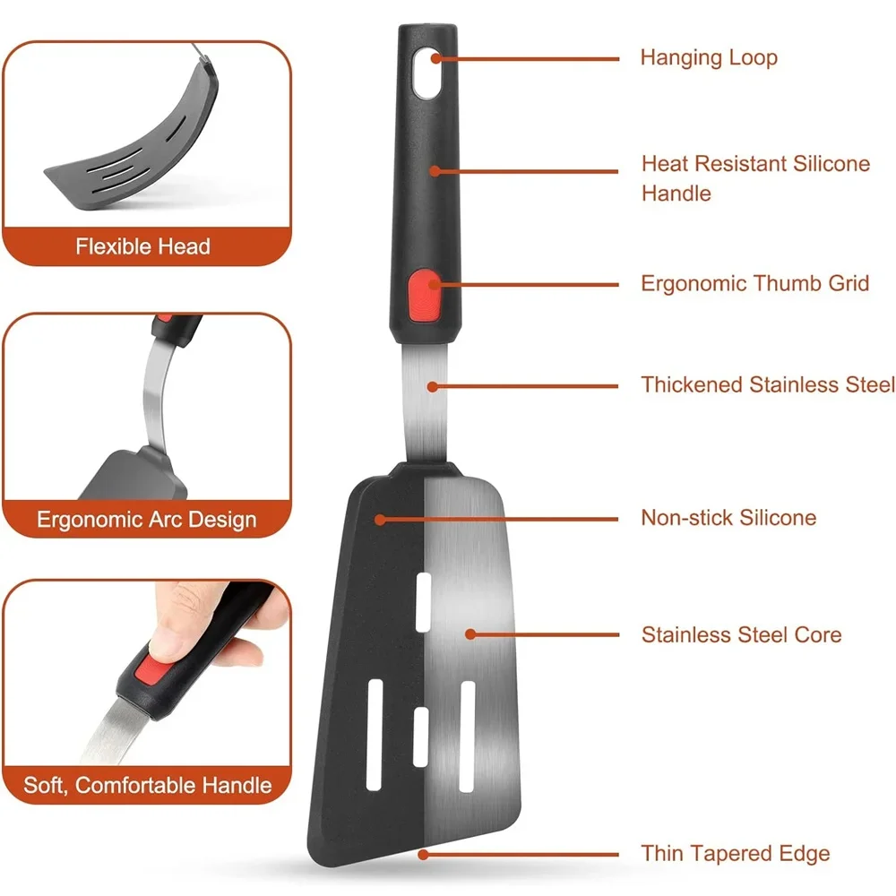 Spatola in silicone per pentole antiaderenti Resistente alle alte temperature Spatola per frittura in acciaio con molla di alta qualità Utensili da cucina