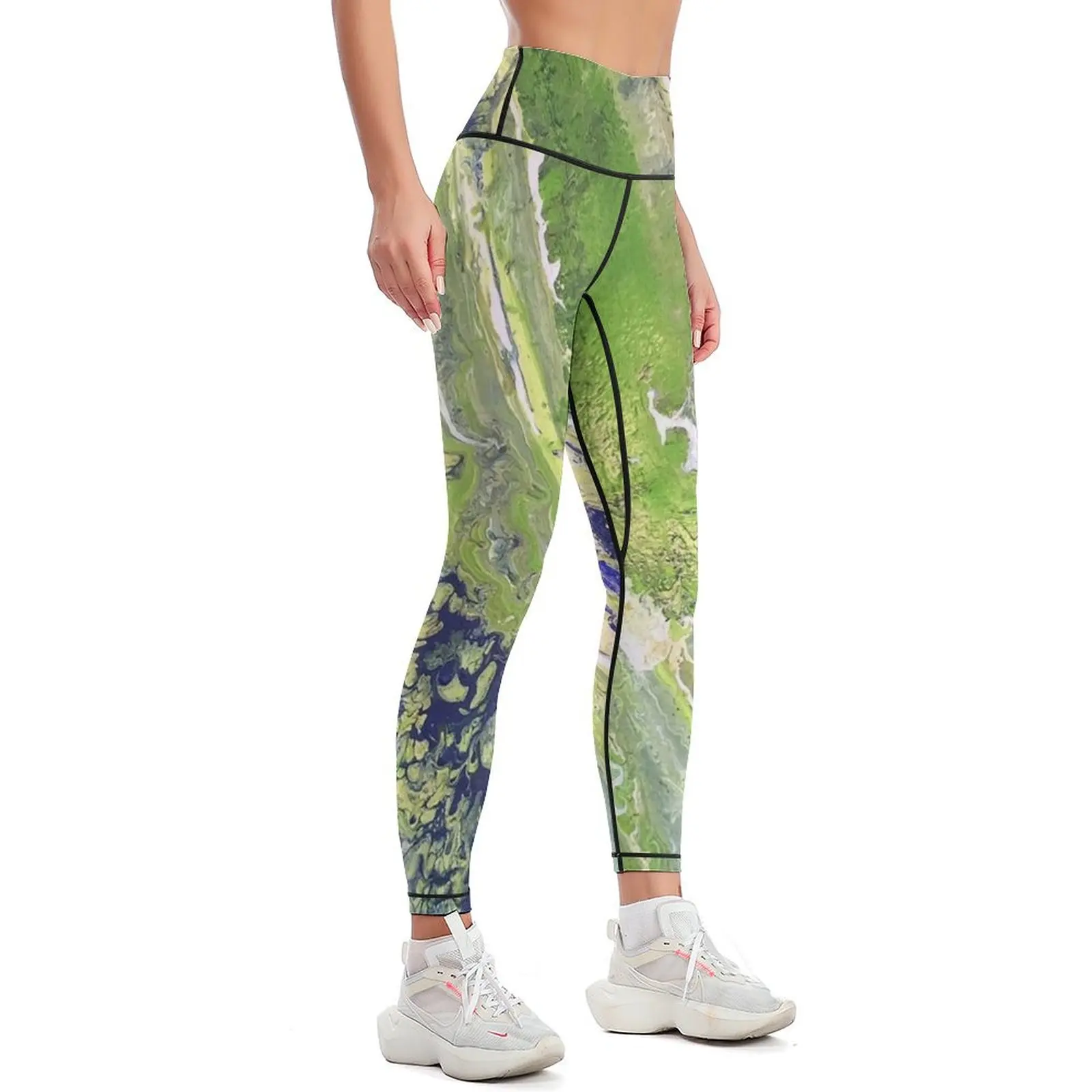 Contemporary Modern Art Design Green, White, Blue Paint Pours Leggings Fitness clothing Jogger pants Womens Leggings