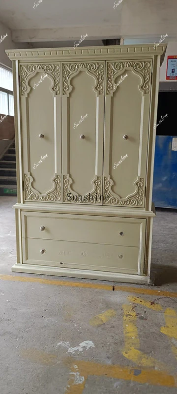 

French country solid wood furniture solid wood carving flower bedroom three doors large wardrobe locker FT