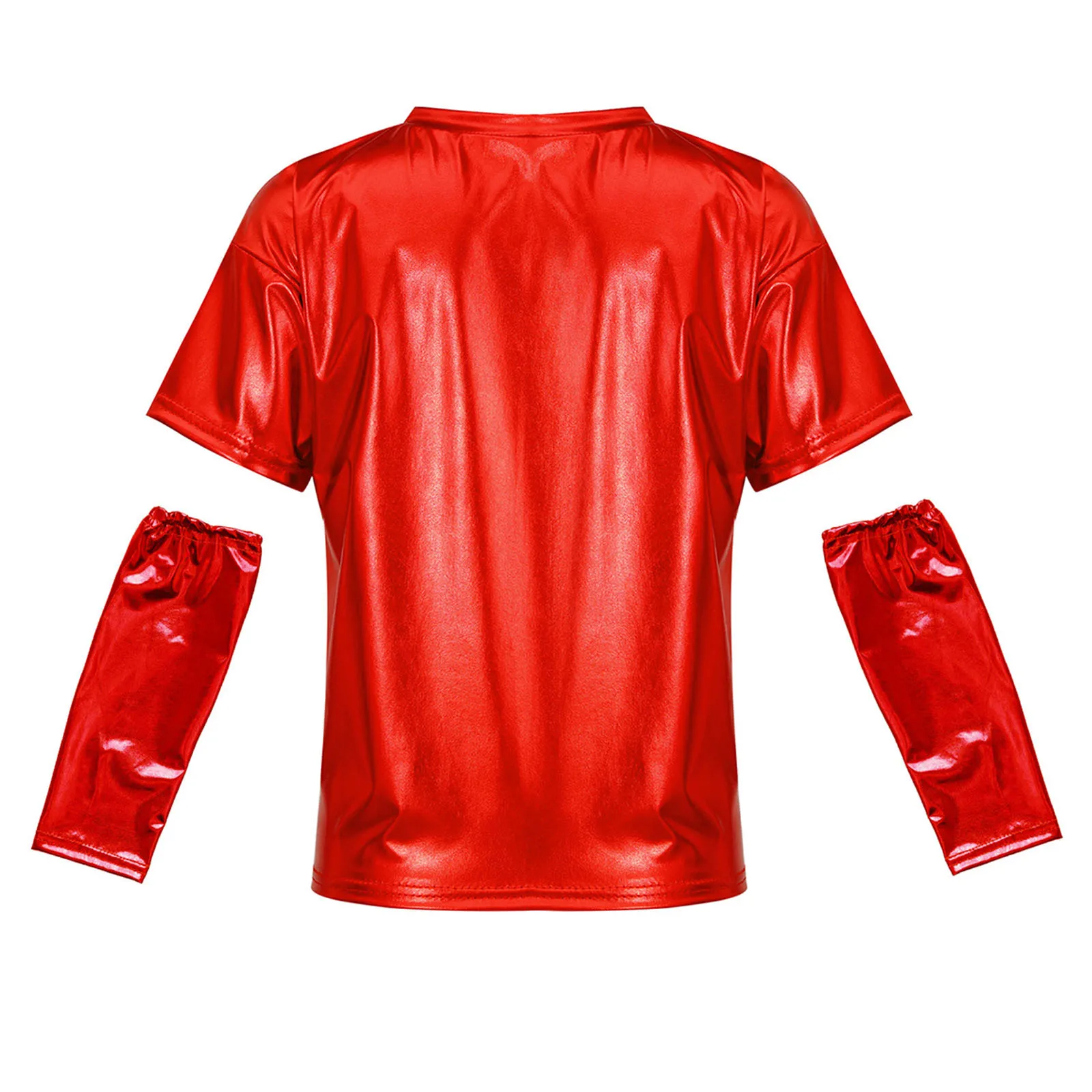 Bambini Ragazze Ragazzi Jazz Dance Streetwear Party Stage Performance Top T-shirt girocollo a maniche corte metallizzata lucida con guanti