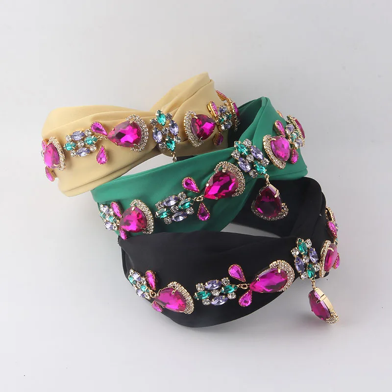 

European and American New Fashion Smooth Silk Shiny Fabric Inlaid with Rhinestones and Gemstones Headband for Women
