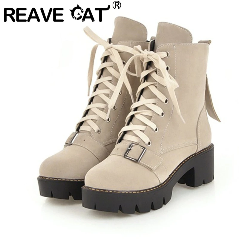 

REAVE CAT 2024 New Classic Ankle Boots Round Toe 5.5CM Block Heels 3cm Platform Strap Flock Plus Size 40 41 42 43 US12 Fashion