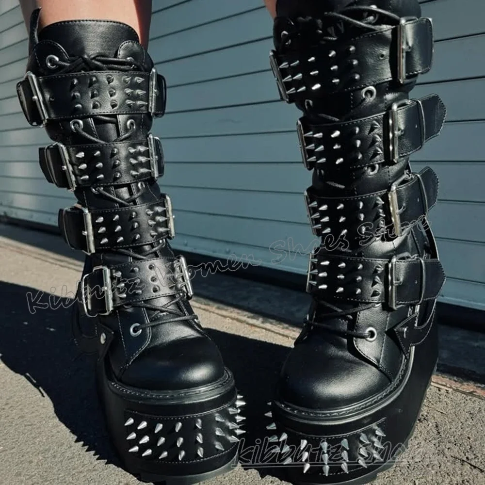 

Современные ботинки до колена с заклепками на платформе и пряжкой, новинка, модная элегантная лаконичная женская обувь, новая кожаная обувь с круглым носком и толстой подошвой