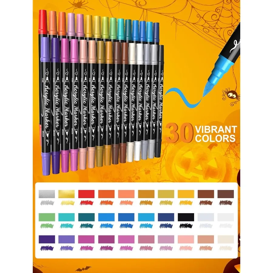 ปากกาสีอะคริลิค 30 สี กันน้ำ หัวคู่ พร้อมพู่กัน หัวแหลม สำหรับเด็ก ระบายสีหิน