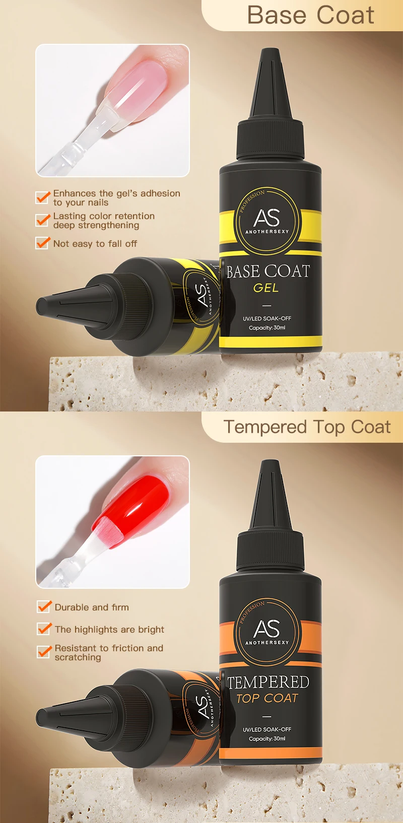 AS 30 ml Basisgel, kein Abwischen, Decklack, mattierter Decklack, Nagelkunst, Soak Off UV-Gel-Nagellack, Maniküre, funktioneller Gel-Lack mit harter Dicke – Detail 3