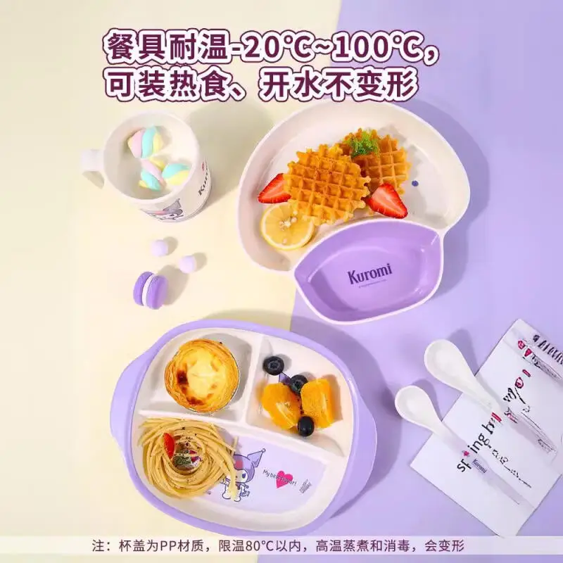 Vajilla para niños Sanrio Kuromi, cuchara de moda de Anime Kawaii para estudiantes, palillos, plato, tazón de arroz, taza anticaída, antiescaldaduras