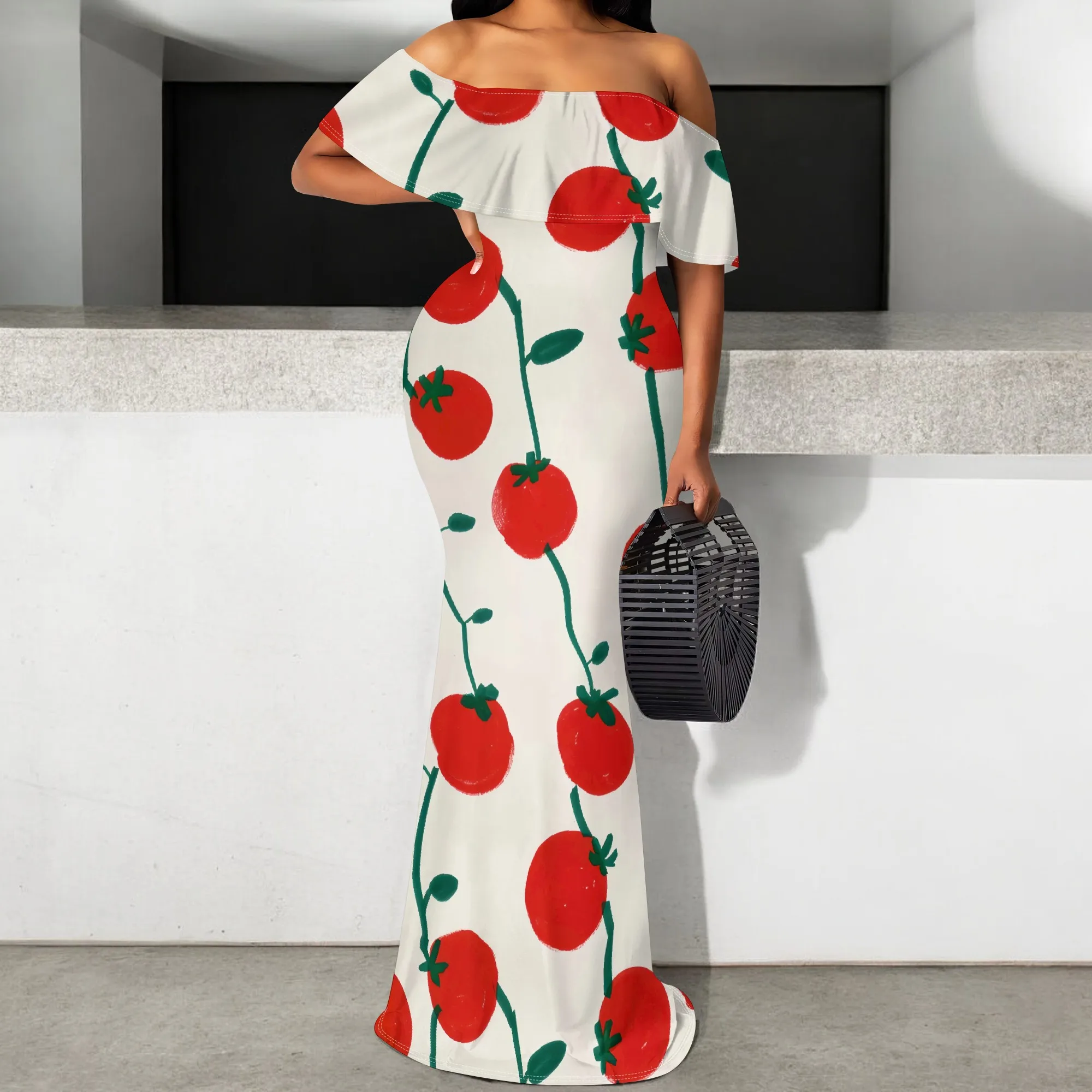 

Tomato Print Off Shoulder Maxi Dress S-3XL Ruffle Sleeve Slim Fit Holiday Summer Dress for Women