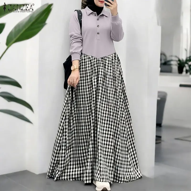 

Стильное женское мусульманское платье-абайя ZANZEA с пэчворком, весеннее, с длинным рукавом, в клетку, исламская роба, женское платье для Рамадана