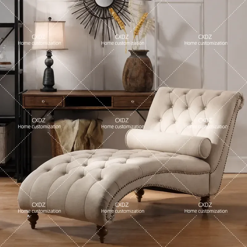 Solid Wood Fabric Chaise Lounge Simple Buckle Reclining Chair Small Apartment Daybed