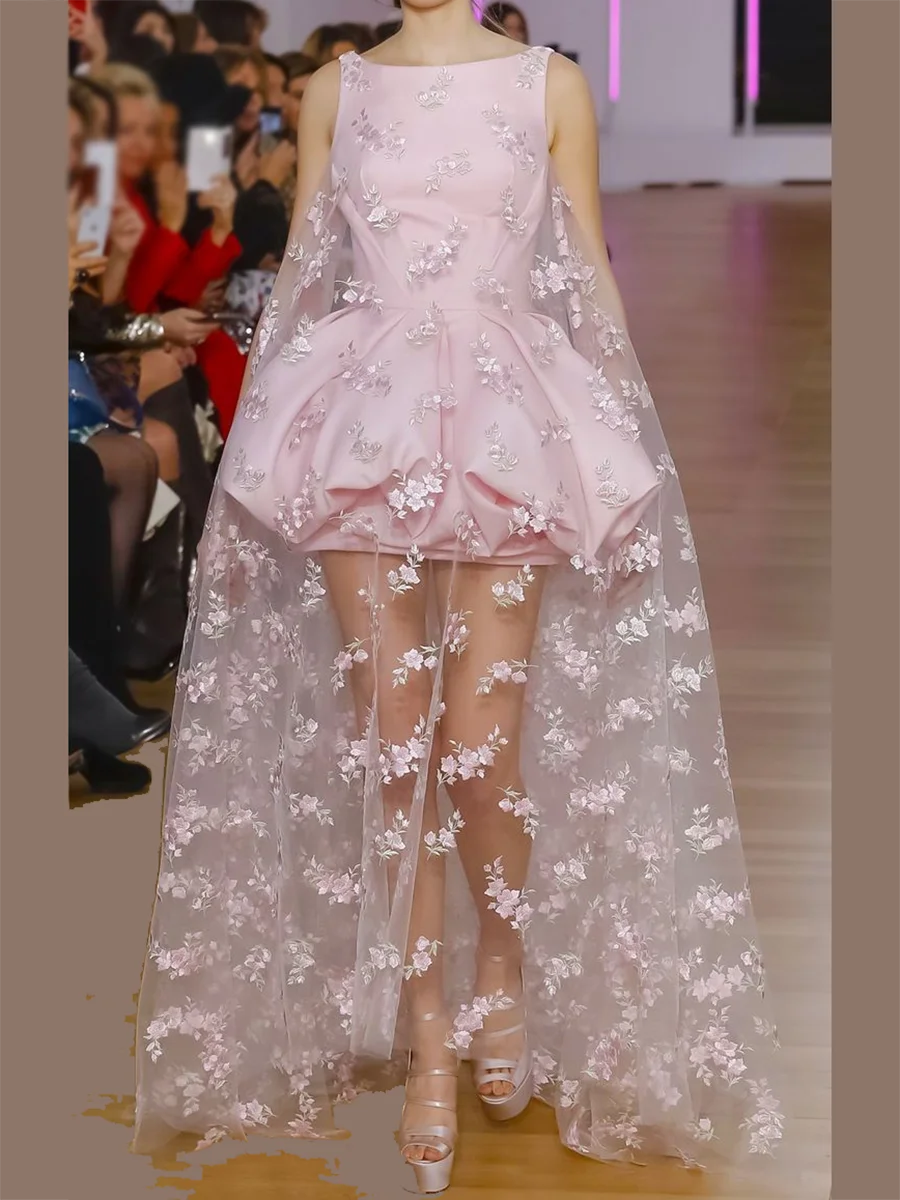 

Elegant Satin Pink Sleeveless Floral A-Line Formal Evening Dresses Birthday Party Prom Gowns Customized