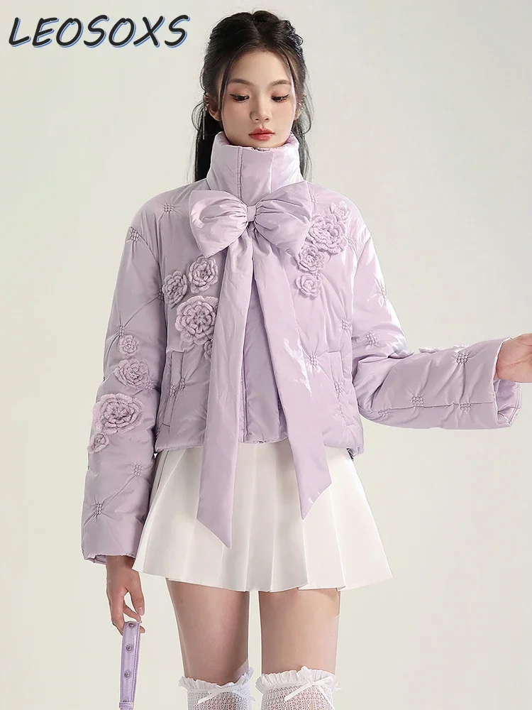 LEOSOXS Romantic Sweet Purple Cotton Coat Women Winter New Sweet Flower Bow Design Stand-up Collar Long-sleeve Thermal Jacket