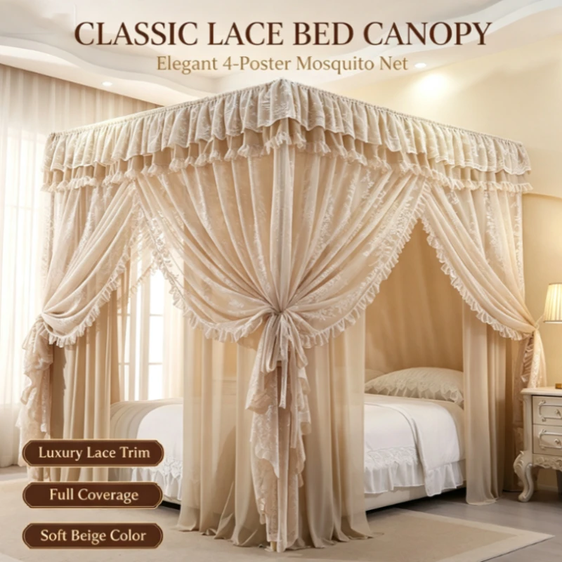 European Court Mosquito Net with Ruffled Lace, Full Bed Coverage, Perfect for Romantic & Cozy Sleeping Spaces