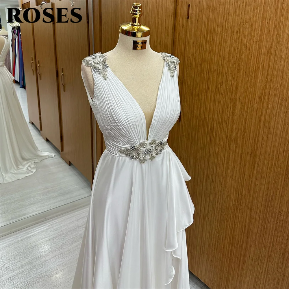 ROSES White Prom Dresses Deep V-Neck Evening Dress Simple A-Line Open Back Vestido De Novia Tank Crystal Sleeveless Party Dress