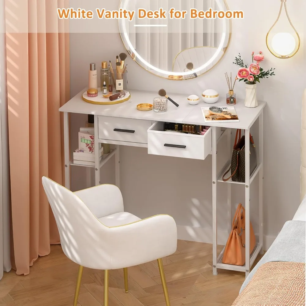 White Computer Desk with Drawers, 37.3 Inch Home Office Work Desk with Storage Shelf, Kids Teens Study Table for Small Space, Sm