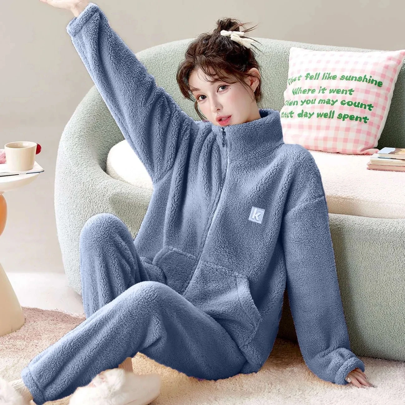 Winter Stand collar Thicken Zipper Pajamas Two-piece set Warm Women's Loose Flannel home Suit set Lady Casual Clothing