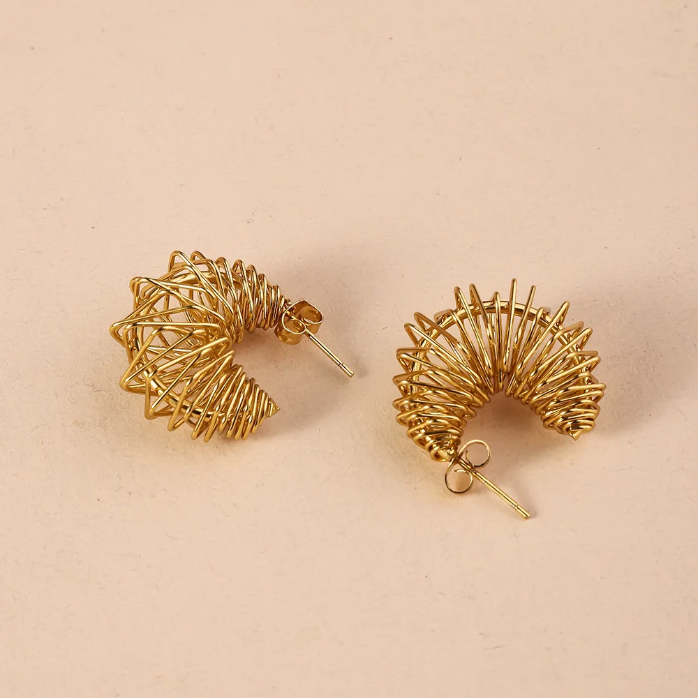 

Light Luxury Steel Wire Wrapped Stainless Steel Stud Earrings, Non Fading Women's Gold Color Metal Earrings Accessories