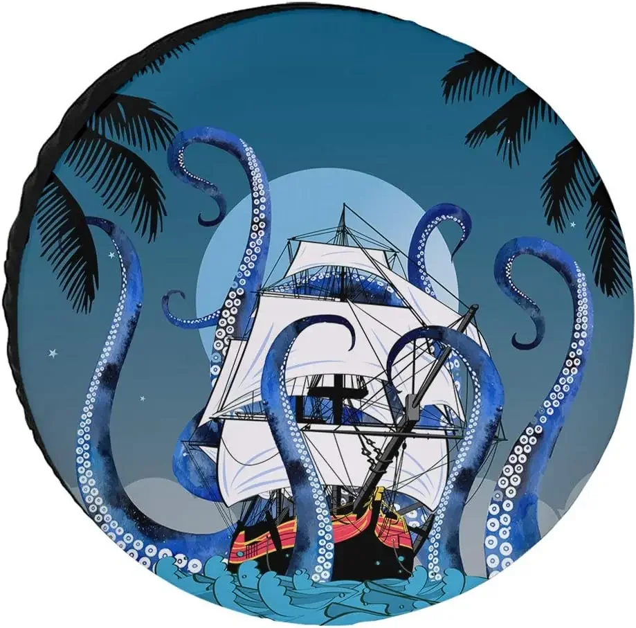 Pirate Ship Octopus Kraken Ocean Spare Tire Cover Wheel Protectors Water Dustproof Fit for RV SUV Truck Camper Travel Camping