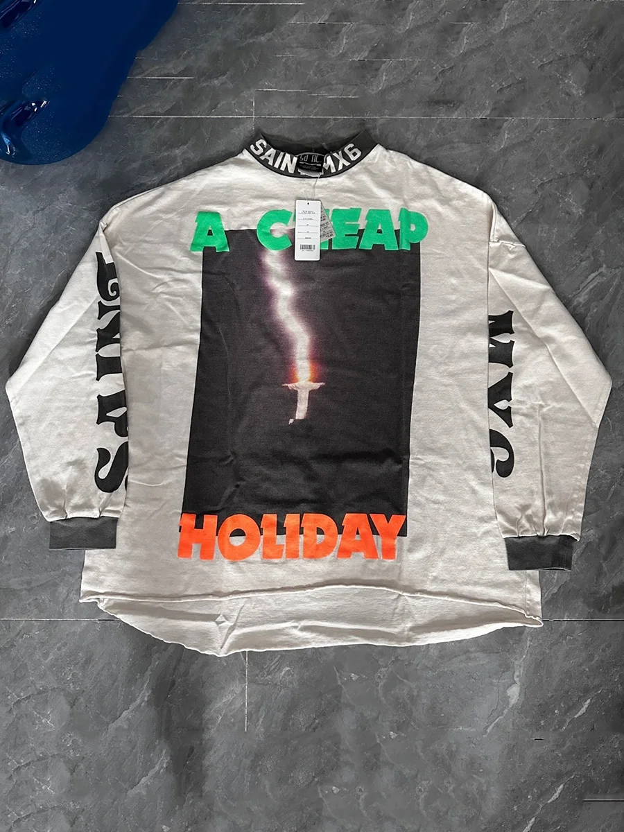 Washed Vintage Long Sleeve T-Shirt Loose Fit High Collar Unisex Lightning Hand Printed Cotton Casual Wear for Men And Women