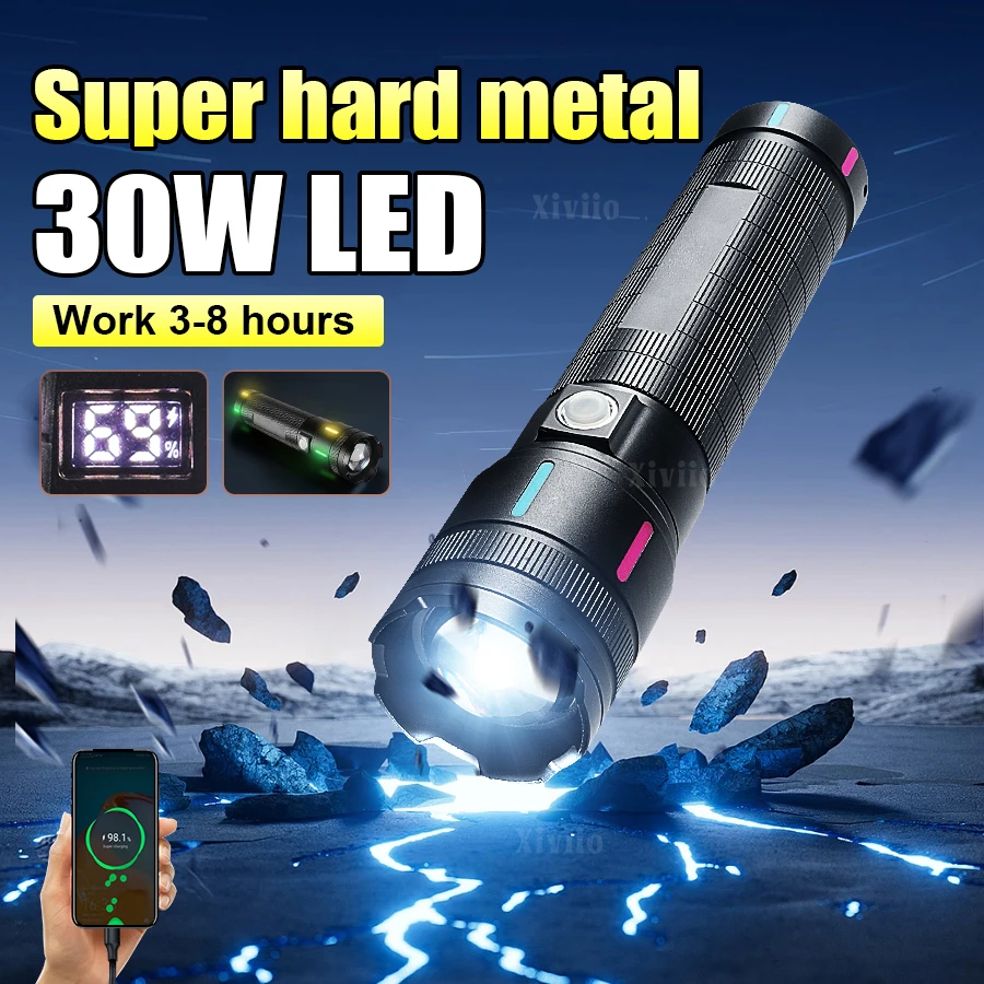 30W LED Tactical Flashlight Digital Power Display Zoomable Torch Rechargeable Ultra Bright Outdoor Camping Emergency Flash Light