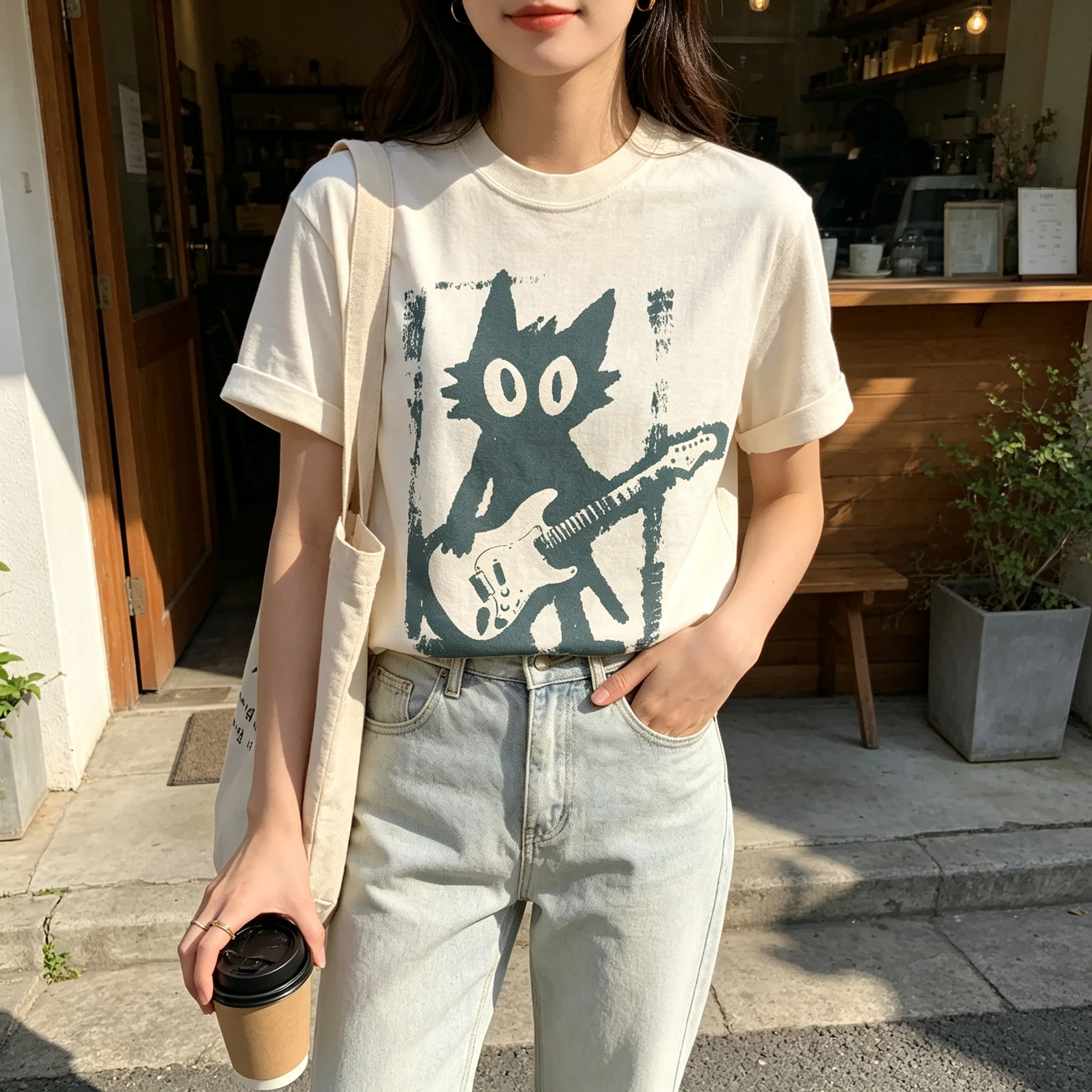 Retro Rock Cat Playing Electric Guitar Graphic T‑Shirt Grunge Vintage Kitty Music Lover Casual Short‑Sleeve Aesthetic Tee