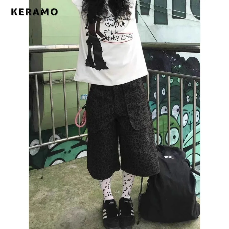 American Retro High Waist Leopard Print Shorts 2024 Summer Pockets Grunge Hip-hop Pants Women's Casual Y2K Street Denim Shorts