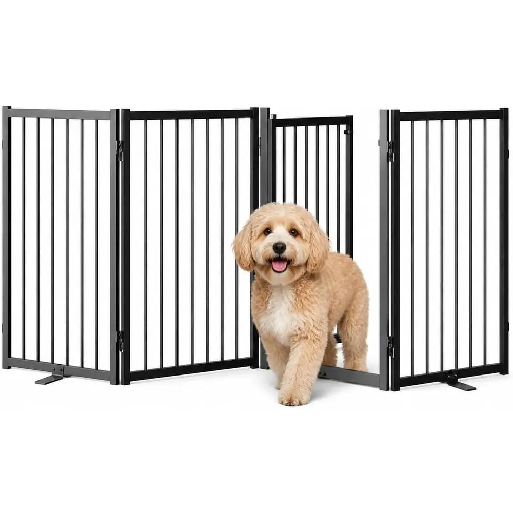 4 Panels reestanding Dog Gate, 32'' Tall Metal Pet ence - Black | Metal reestanding Design, Built-In Door, 4 Panels, 6 Panels, 8