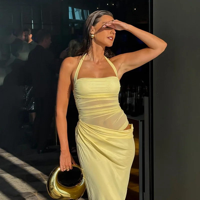 유럽 및 미국 스타일 여성 패션 백리스 홀터넥 민소매 새틴 바디콘 롱 드레스