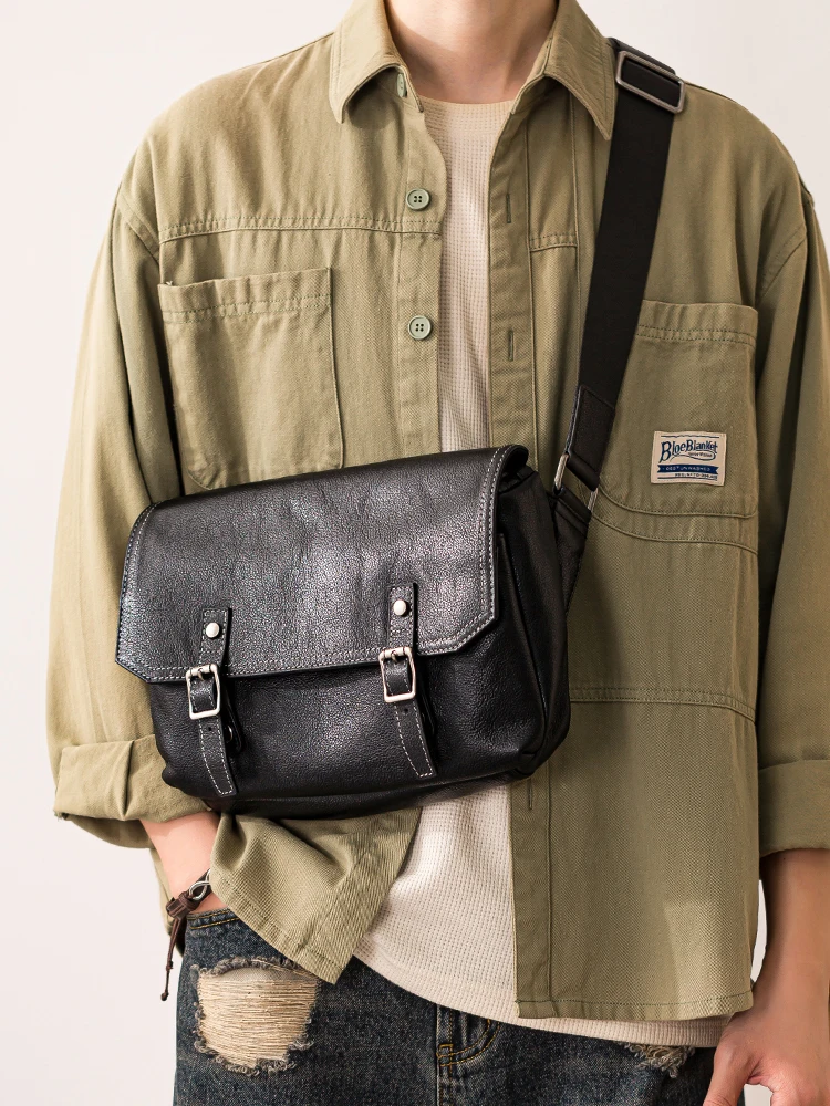 casual designer handmade high-quality genuine leather men's messenger bag outdoor travel luxury cow leather black shoulder bag
