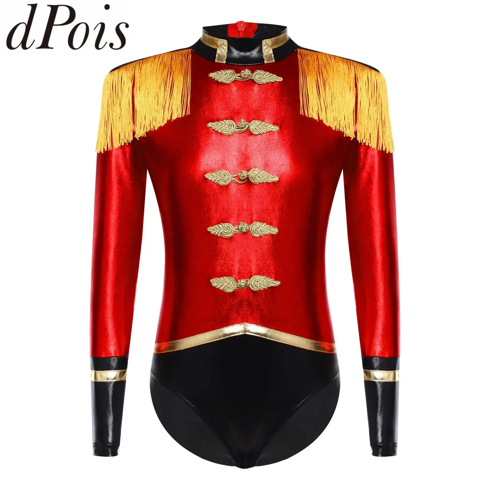 

Girls Circus Ringmaster Costume Halloween Circus Cosplay Costume Gold Fringe Epaulet Leotard Jumpsuit Drummer Major Team Uniform