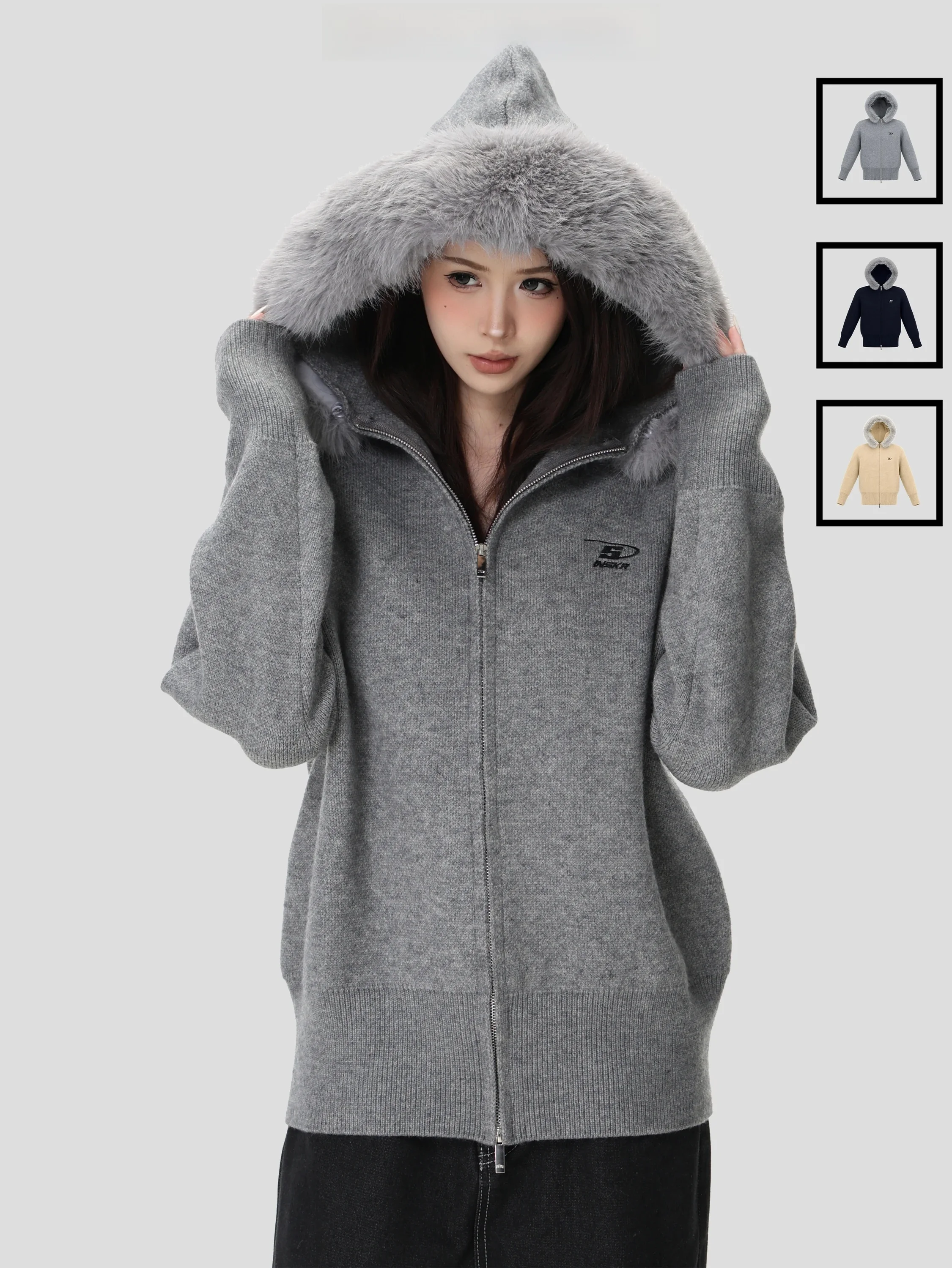 Insstudios American Retro Hooded Knitted Cardigan Sweater Warmth Collar Autumn Winter Casual Loose Fit Couples Knitwear