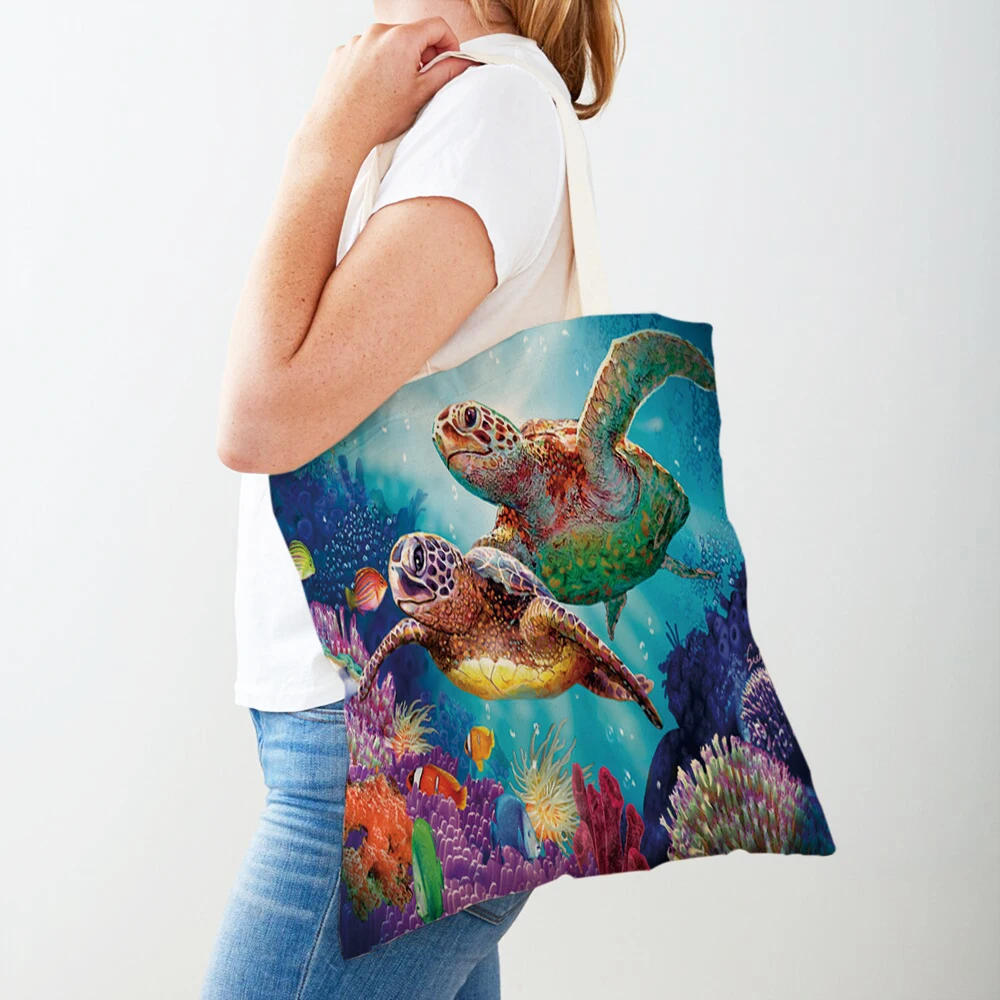 Ocean Landscape Sea Turtle Dolphin Shar Women Shopper Bags Lady Canvas Tote Handbag Reusable Cartoon Animal Print Casual Shoppin