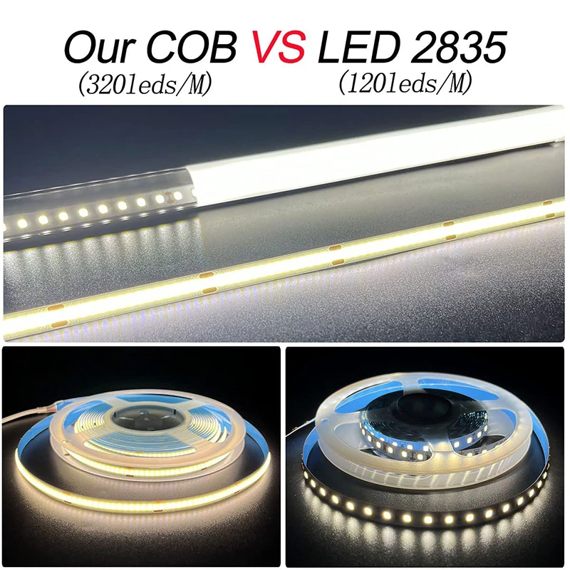 320LEDS/M COB Luzes de Tira LED DC 12V 24V 5M 8mm de Alta Densidade Flexível Fita LED RA90 Flexível e Cortável