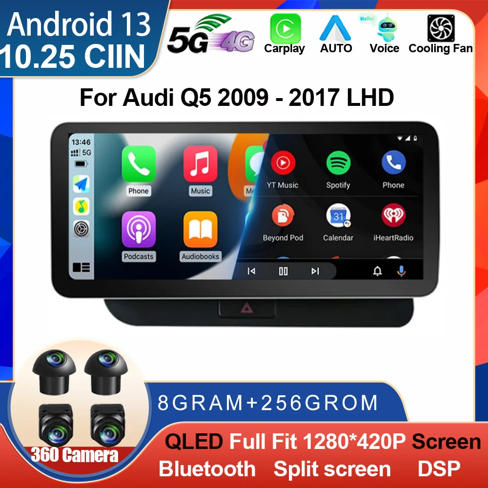 

8 Core 12.3“ Android 13 Car Stereo For Audi Q5 2009 - 2017 LHD WIFI 4G SIM Split Screen BT GPS Navi Multimedia Wireless Carplay