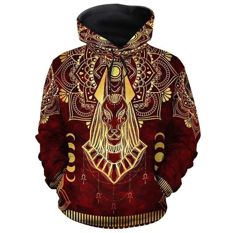 

3D Print Mystical Wolf Print Hoodies For Men Ancient Egyptian Symbols Pattern Long Sleeve Streetwear Sweatshirt Loose Unisex Top