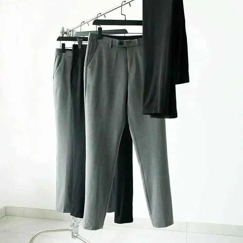 

Формальные сложенные мужские повседневные летние брюки с высокой талией, прямые брюки, модные универсальные повседневные деловые длинные брюки без глажки