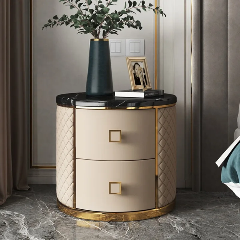 Bedside table Round solid wood bedside marble Nordic bedroom Italian minimalist high-end side storage cabinet