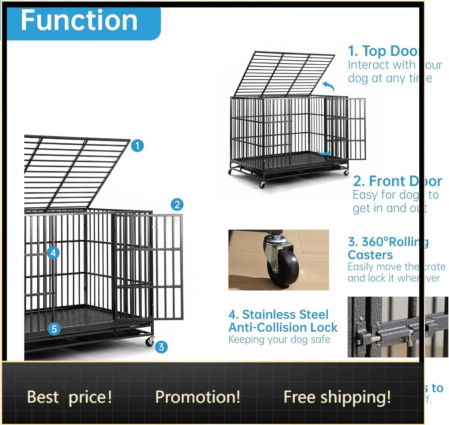 60 inch Heavy Duty Dog Crate, Folding Dog Kennel No Assembly, Escape Proof Large Dog Cage Kennel with Lockable Wheels, High Anxi