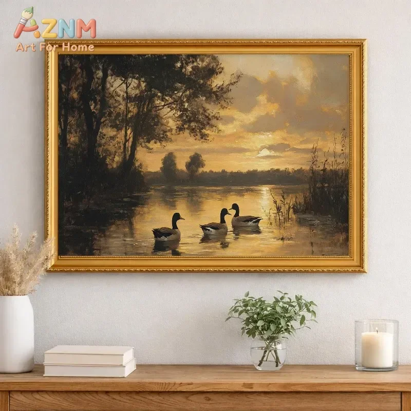 Vintage Winter Sunset Woodland Lake House Riverscape Rustic  Landscape Painting Canvas Poster Cottage Cozy Living Room Decor