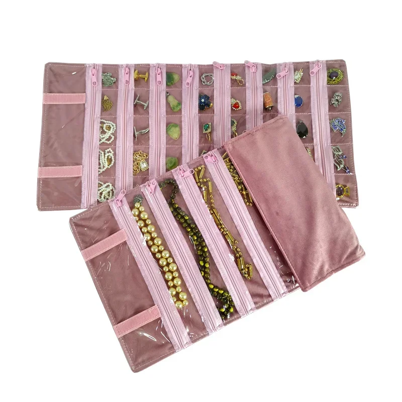 High-end Pink Velvet Multi-colored Jewelry Storage Roll Bag Ring Necklace Pendant Bracelet Antioxidant Jewelry Storage Props