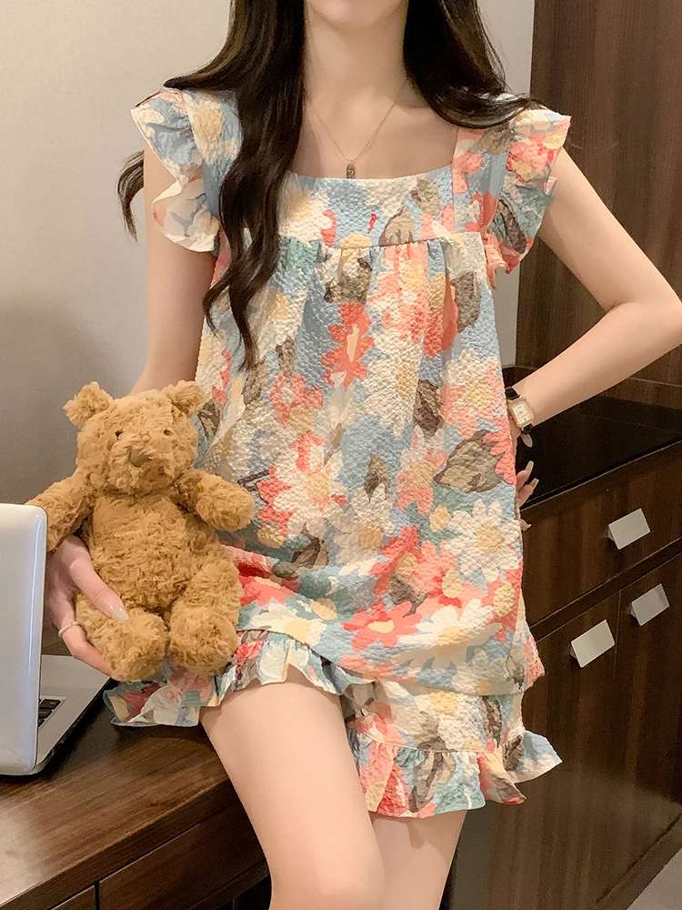 

Summer Printed Square Neck Vest Pajama For Women Korean Sweet Short Sleeve Shorts Two-Piece Set Comfort Girls Home Night-clothes