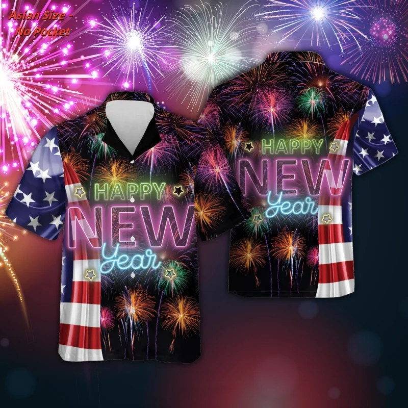 3D Printed Happy New Year Fireworks Shirt Men American Flag Pattern Hawaiian Shirts Loose Short Sleeves Tops Lapel Button Blouse