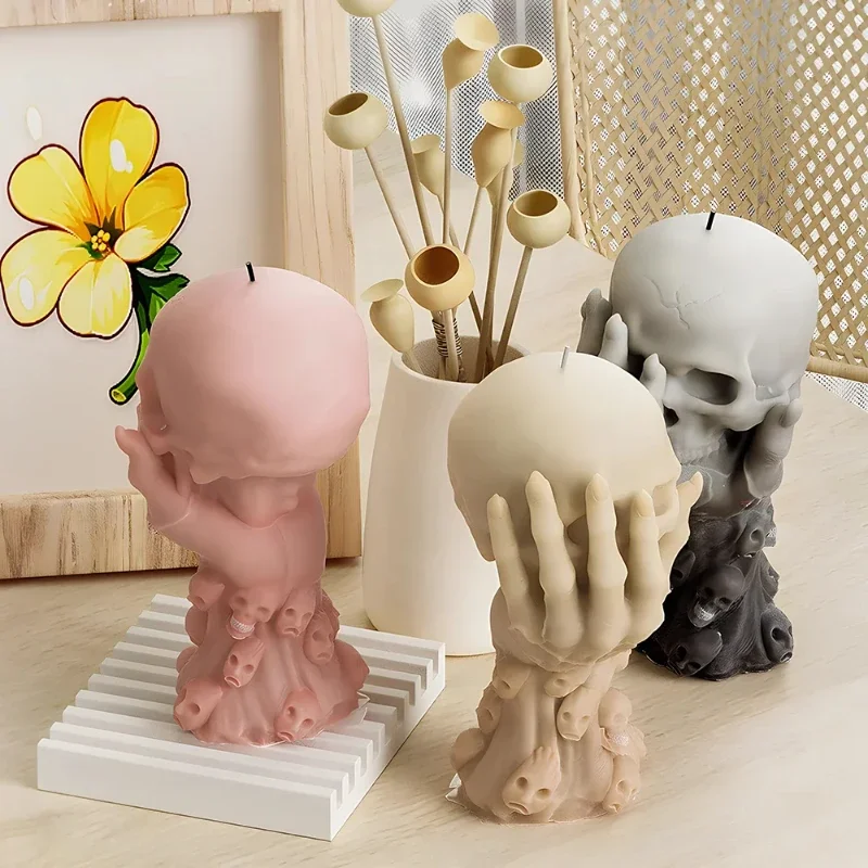 Latest Models Halloween Skull Candle Silicone Mold Set, 1 Piece Handheld Skull Resin Casting Mold, DIY Plaster Handmade Artwork