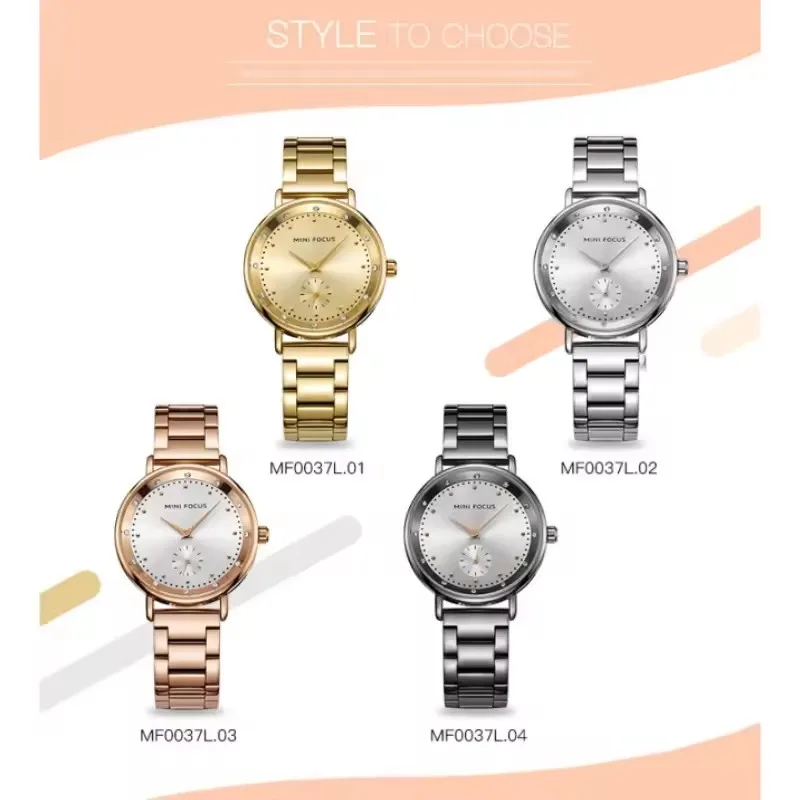 MINI FOCUS 0037 ساعات كوارتز أنيقة للمرأة الكلاسيكية مقاوم للماء حزام الصلب موضة فاخرة السيدات ساعة اليد montre فام #4