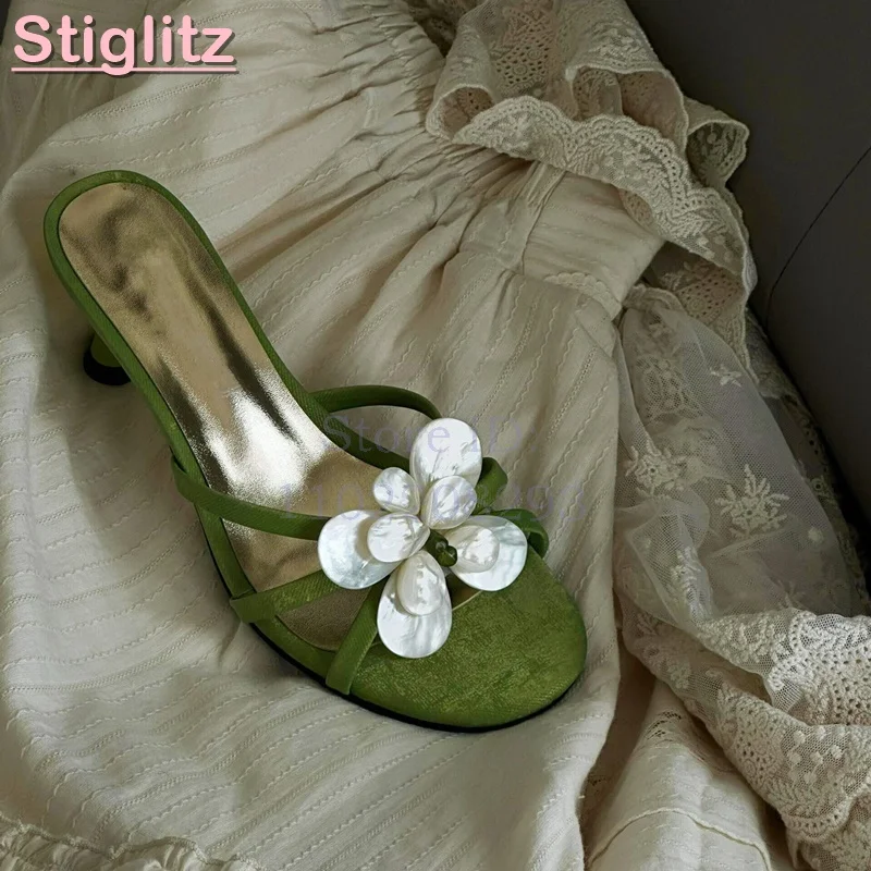 White Flower High Heels Slippers Satin Green Open Toe Shallow Slip-On Elegant Sandals 2026 Summer New Fashion Dress Shoes view 2