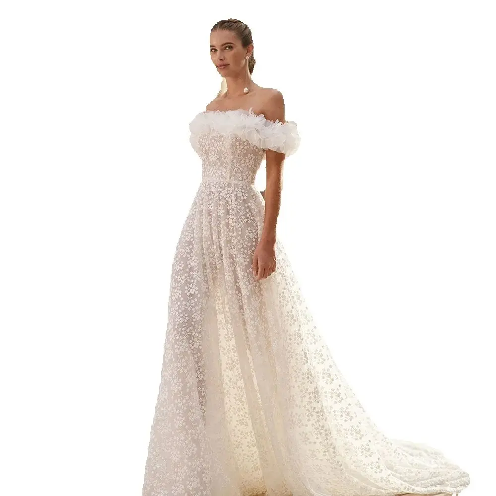 Aangepaste nieuwe prachtige trouwjurken kanten bruidsjurken off-shoulder mouwen bruidjurken 2025, bruidsjurken terug uit