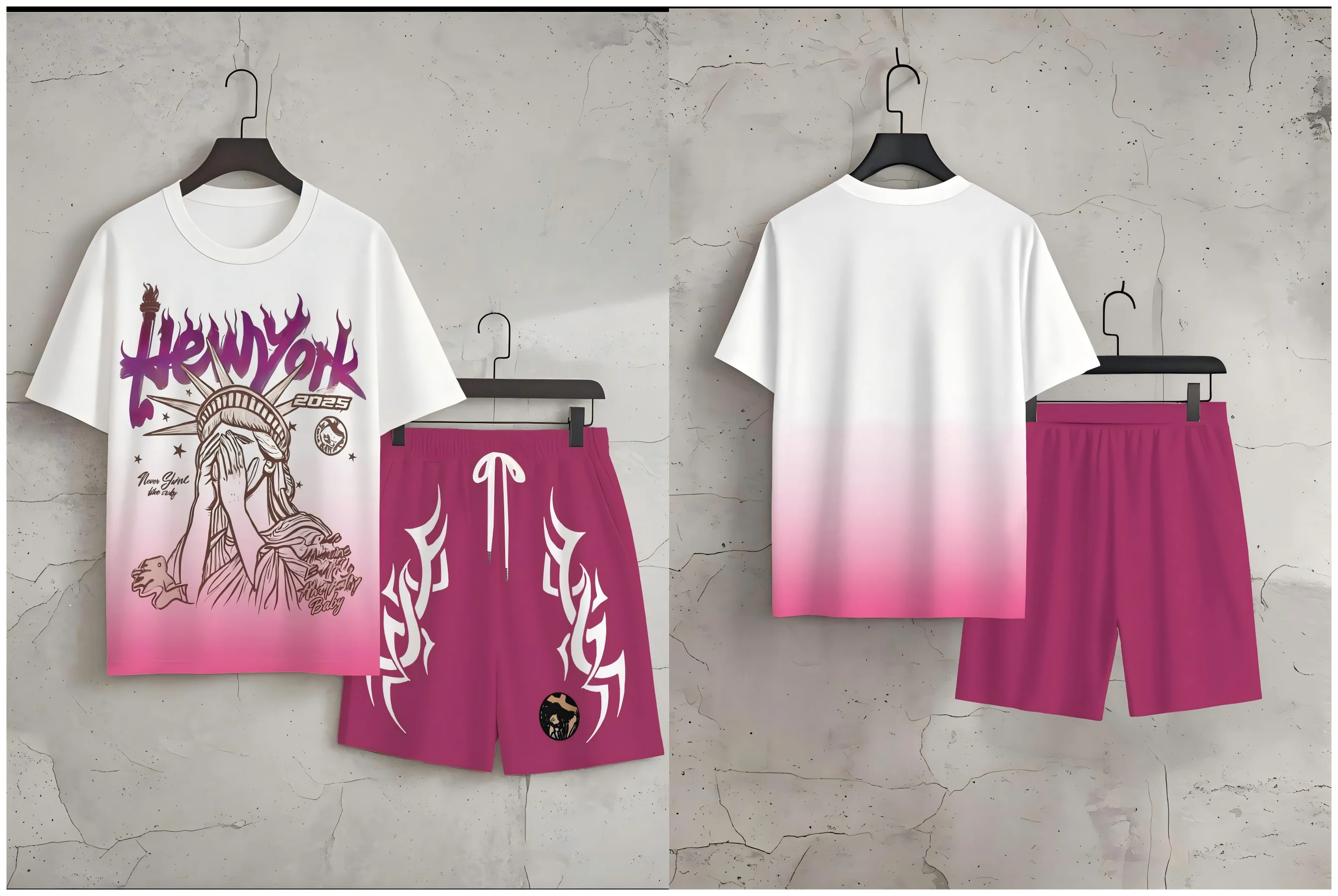 New men's summer Gothic Statue of Liberty print soft and breathable round neck T-shirt drawstring shorts set outdoor streetwear view 6