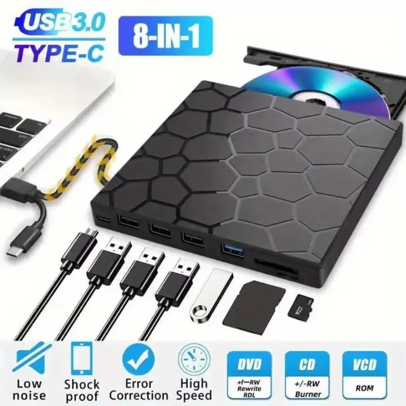 Ultra-Slim 8-in-1 Laptop External USB 3.0 External CD/DVD Drive Player and Burner